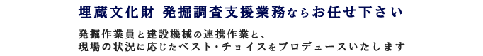 埋蔵文化財 発掘調査支援業務ならお任せ下さい。発掘作業員と建設機械の連携作業と、現場の状況に応じたベスト・チョイスをプロデュースいたします。